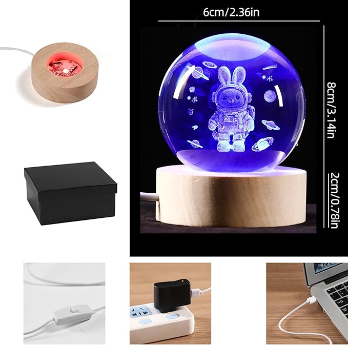 3D Crystal Ball Rabbit Decor Night Light, Space Bunny Astronaut Gifts for Kids, Birthday Gift for Boy Gifts for Him Her Boyfriend Girlfriend