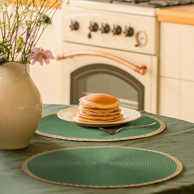 Noctiflorous Round Braided Placemats Set of 6 Table Mats 15 Inches Washable Heat Resistant for Dining Table Non-Slip Indoor Outdoor Place Mats for Thanksgiving Christmas Easter(Green Thin Edge 6)