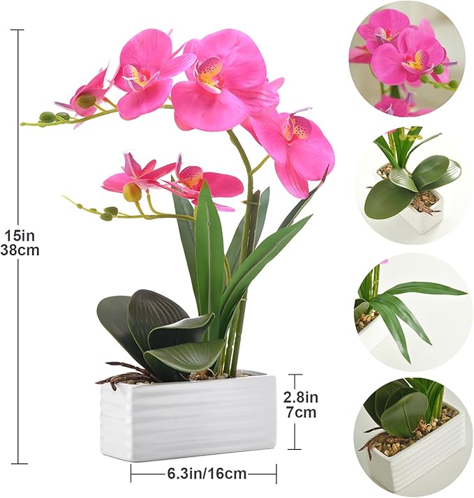 Artificial Real Touch Orchid Flowers in Pot Fake Phalaenopsis Flower with White Ceramic Vase Faux Orchids Arrangement for Home Table Office Wedding Party Decoration (Purple Red)