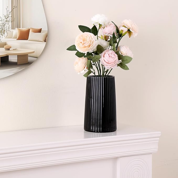 Black Ceramic Vase for Flowers, Large Modern Black Vase for Home Decor, Decorative Vase for Living Room, Office, Mantel, Shelf, Dining Table, 8 inches