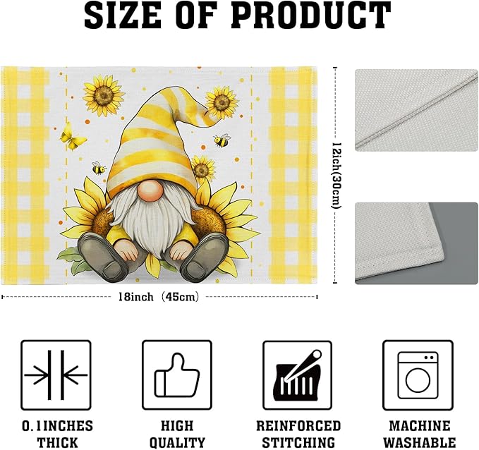 Summer Gnome Sunflowers Placemats Set of 4, Honey Butterfly Yellow White Buffalo Check Plaid Dining Table Place Mats 12 x 18 Inch Summer Seasonal Farmhouse Kitchen Home Decor
