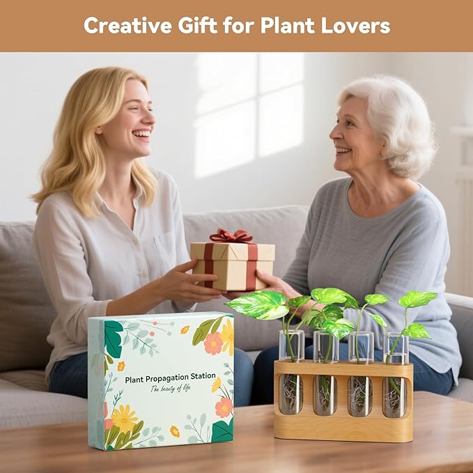 Plant Propagation Station with 4 Glass Test Tubes & Beech Wood Stand, Gardening Gifts for Mom Women Plant Lovers, Hydroponic Vase for Indoor Plants, Desktop Terrarium Decor