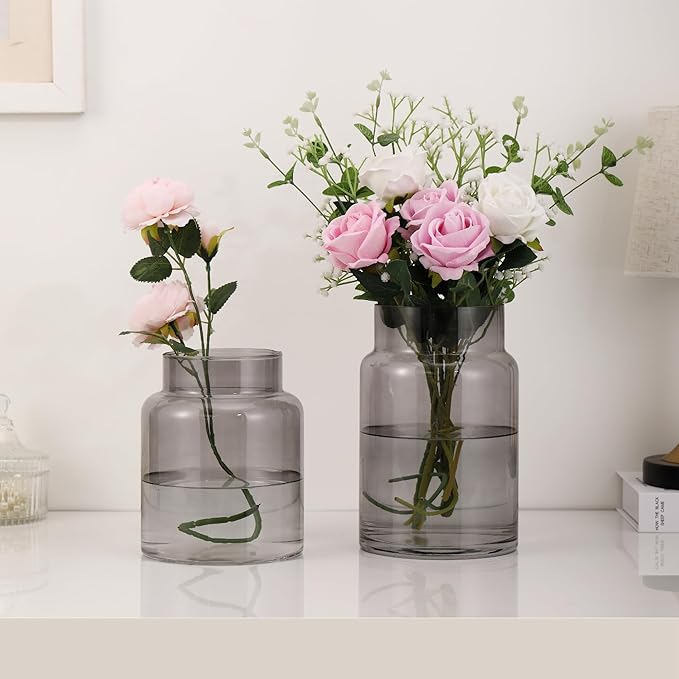 Large Glass Vase, Black Glass Vase Set of 2, Large Flower Vases for Bouquet, Tall Wide Mouth Vases for Flowers, Home, Wedding, Living Room, Office Decor, 7"+9"