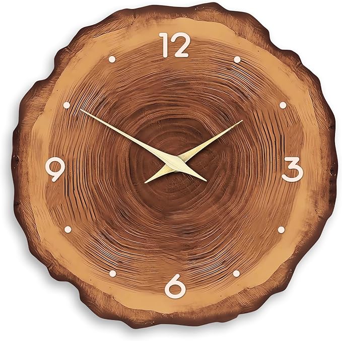 XNM Rustic Large Clock for Kitchen Brown Wood Wall Clocks Battery Operated 16 Inch Analog Annual Ring Wall Clock Non Ticking (MDF No Solid Wood)