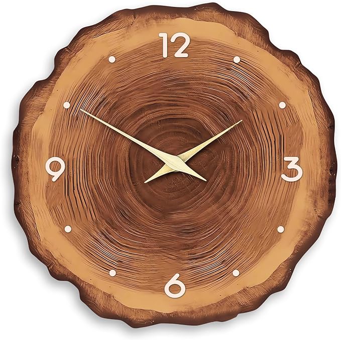 XNM Brown Wooden Clock Battery Operated 14 Inch Farmhouse Wall Clock for Bedroom Decor Rustic Annual Ring Wall Clock Silent (MDF No Solid Wood)