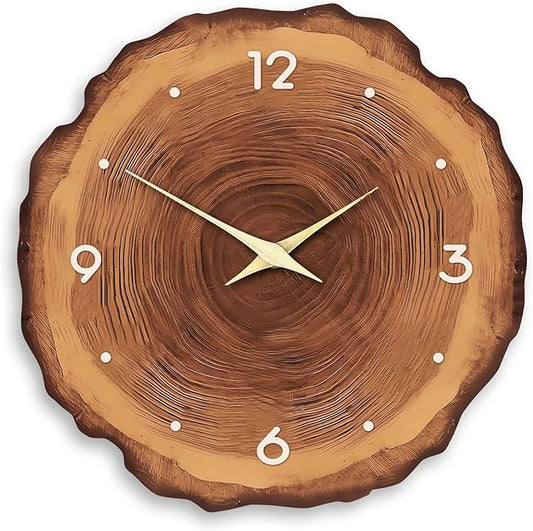 XNM Wood Wall Clock for Living Room Decor Rustic Wall Clocks Battery Operated 12 Inch Brown Annual Ring Wall Clock Non Ticking (MDF No Solid Wood)