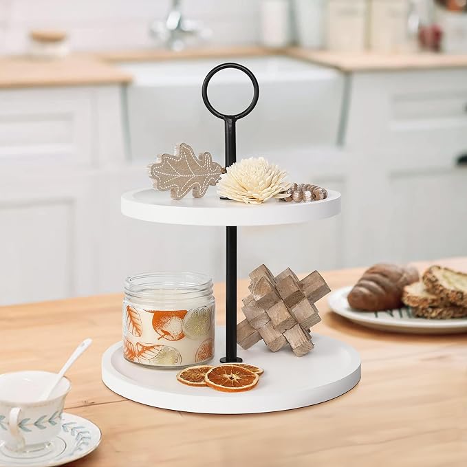 Decorative Wooden Tiered Tray Stand - Beautiful Two Tiered Coffee Table Serving Tray Enhances Your Seasonal Modern Farmhouse Decor - The Perfect Centerpiece for Your ChristmasTable Decorations
