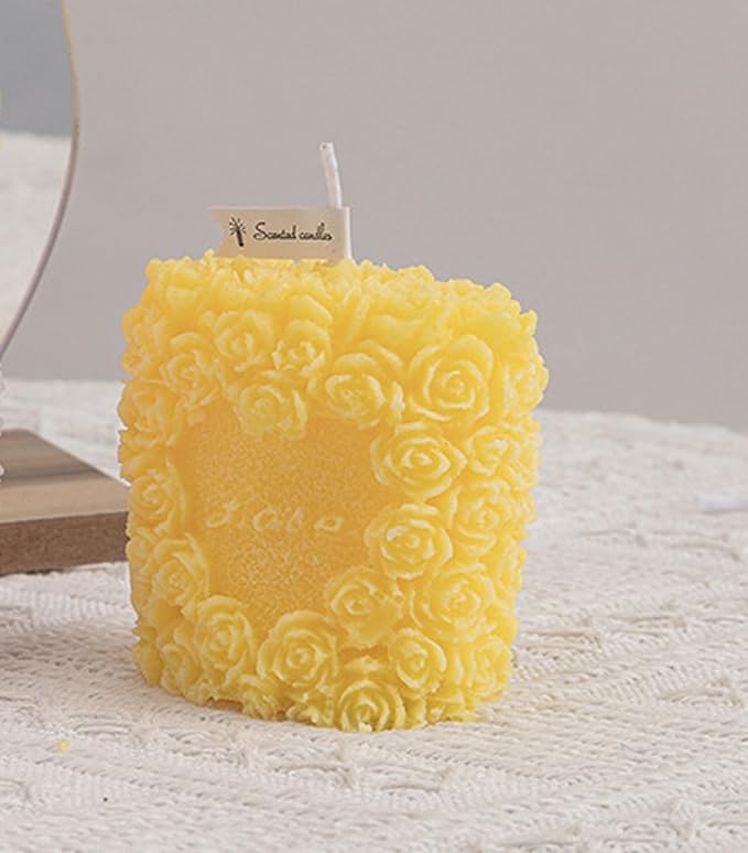 Rose Flower Clusters Aesthetic Scented Candle,Love Heart Handmade Soy Wax Aroma Decorative Candle for Table Photo Prop Valentine's Day Wedding Birthday Gift,Prefect for Meditation Stress (Yellow)