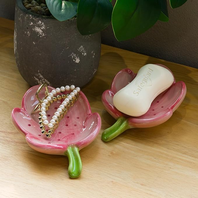 Ceramic Soap Dish Holder for Bathroom, Flower Bar Holder for Shower, Easy Cleaning Saver Tray Decoration for Bathroom, Sinks, Kitchen (Pink)