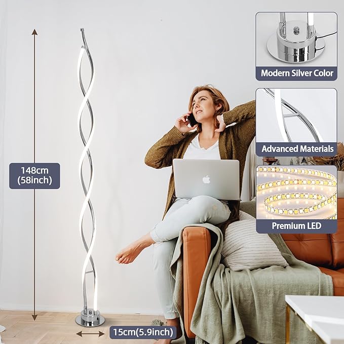 ADISUN 31W Modern Floor Lamp, LED Spiral Floor Lamp for Living Room, 3-Color Dimmable Standing Lamp with Remote Control, 58" Tall Floor Lamps for Living Room Bedroom Office Dining Rooms (Silver)