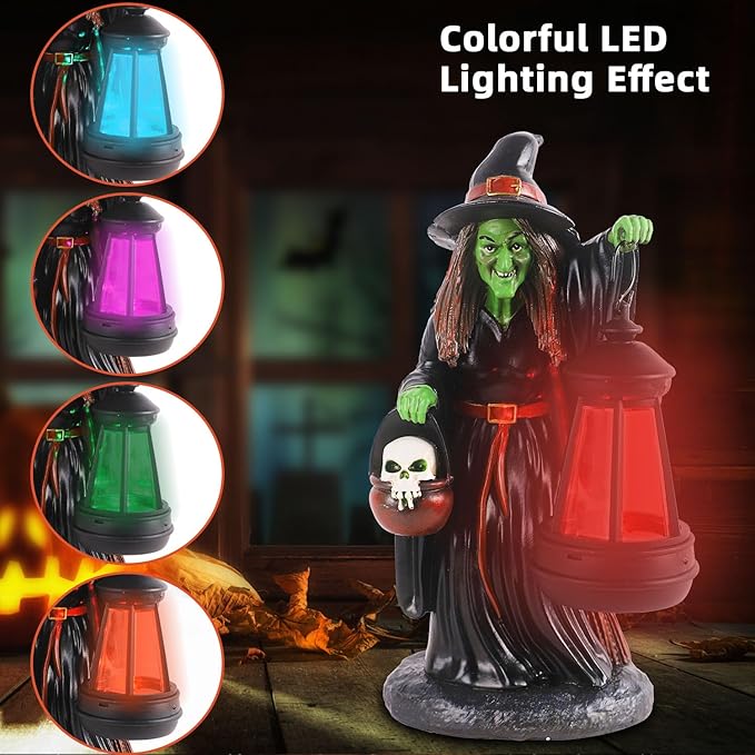 Witch Halloween Decorations with Solar Lantern - Unique Resin Witch Figurine, Ideal Gift for Halloween Lovers, Outdoor Yard Garden Decoration