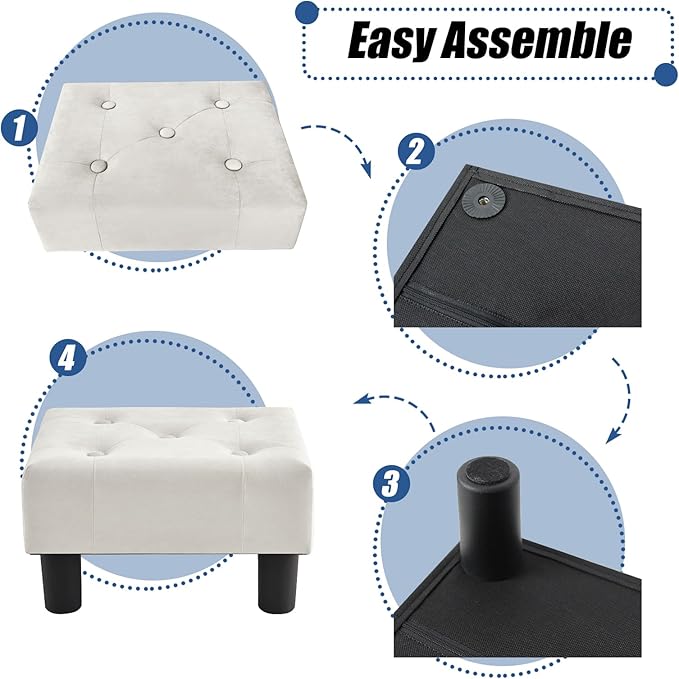 BRIAN & DANY Small Foot Stool, Velvet Foot Stools with Legs, Stable Small Footstool for Living Room, Milky White