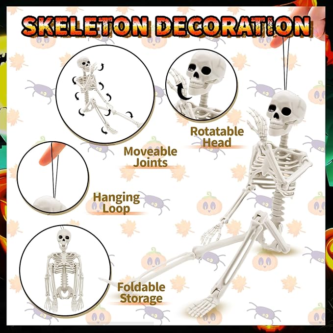 6 PCS Halloween Decoration, 16" Small Poseable Skeleton Full Body with Movable Joints for Garden Graveyard Haunted House Party Home Props Decor