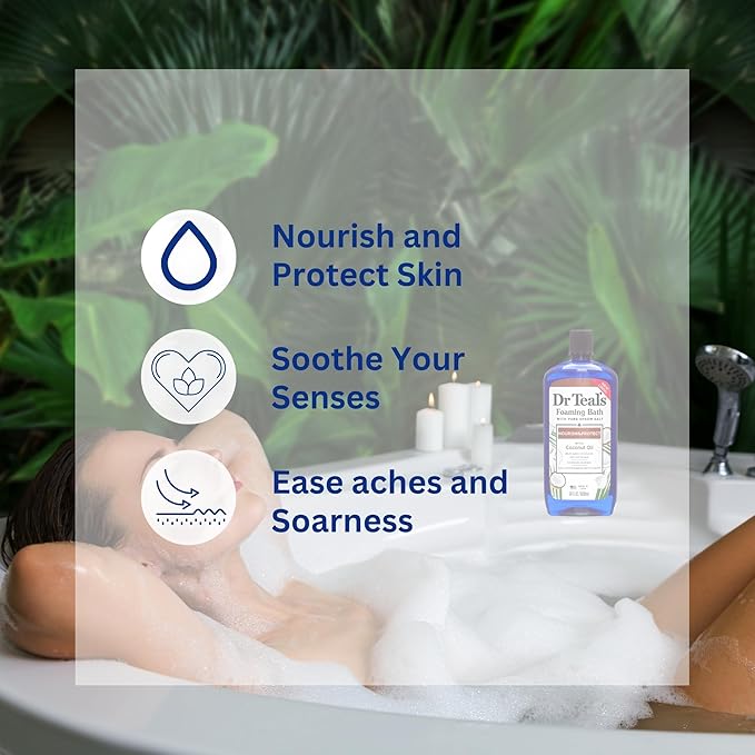 Coconut Oil Foaming Bath 34oz (2 Bottles) with Variety Junction Premium Sponge - Ultra-Moisturizing, Relaxing & Nourishing, Bubble Bath, Soaking Bath