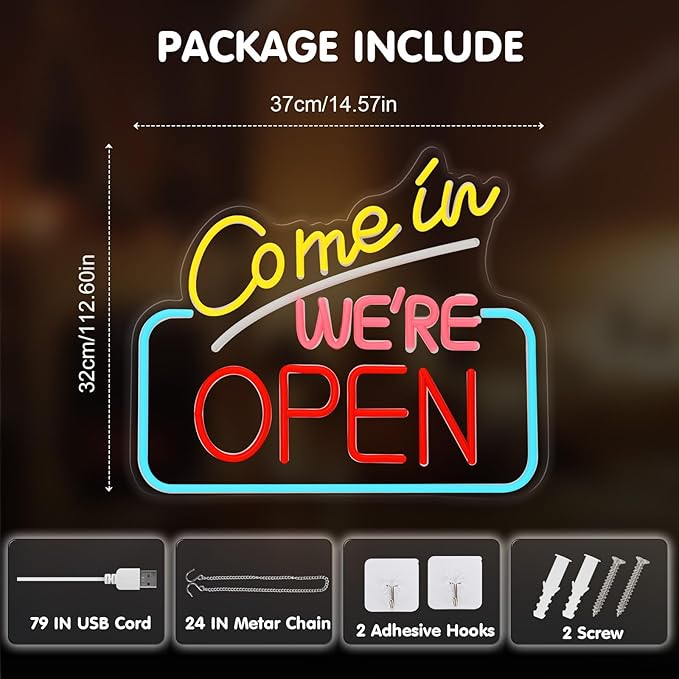 Come In We're Open Neon Sign for Wall Decor, Bright LED Neon Open Signs for Business Storefront Window Glass Door Shop Florists Bar Cafes Pubs