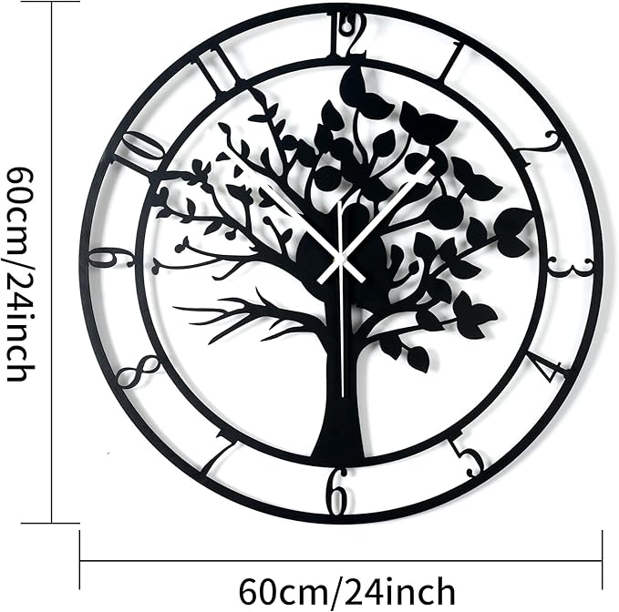 24inch/60cm Large Tree of Life Wall Clock for Bedroom Living Room Battery Operated Big Metal Decorative Analog Silent Analog Non Ticking Clocks Room Wall Decor (Tree of Life, 24 inches)