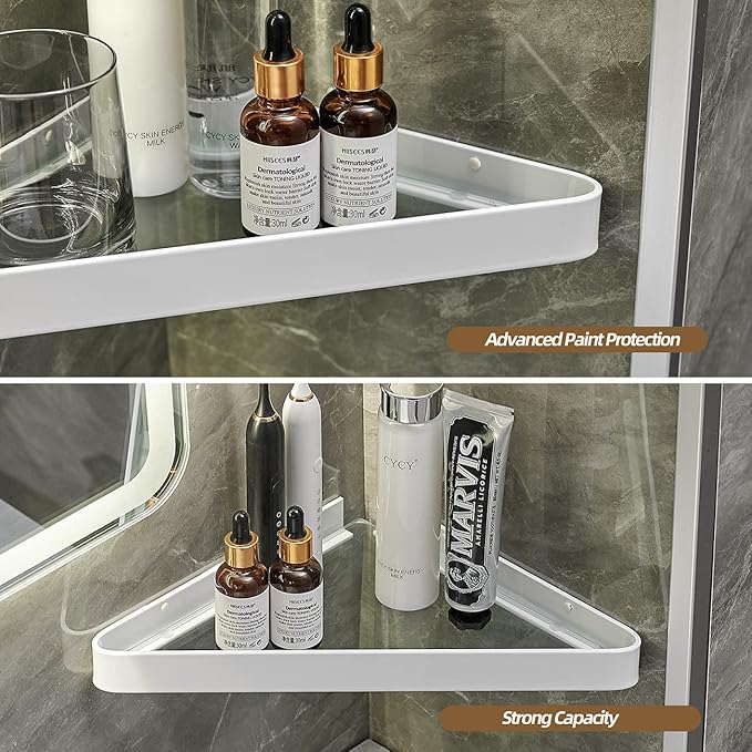 VOLPONE Bathroom Shelves Wall Mounted Glass Corner Shower Shelf for Bathroom Floating Shelf Tempered Glass Wall Organizer 2-Tier(White)