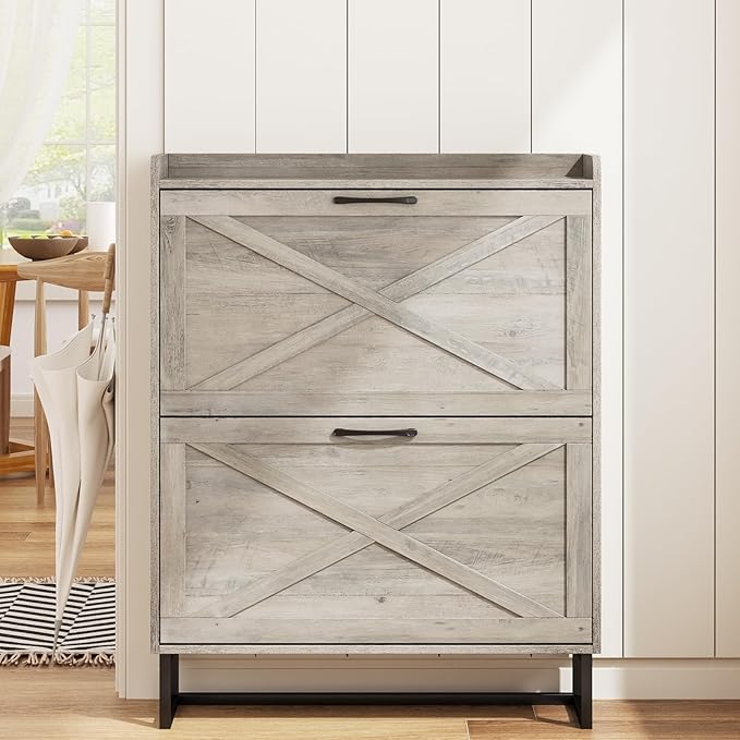 Maupvit Shoe Cabinet with 2 Flip Drawers, Freestanding Shoe Cabinet Organizer with Metal Legs, Shoes Storage Cabinet for Entryway, Narrow Shoe Rack Cabinet, Washed Gray