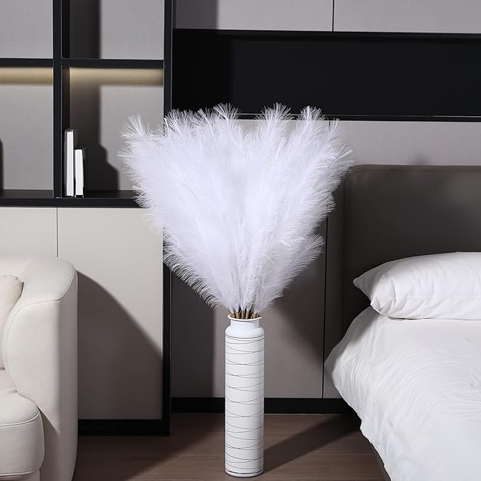 8 Pcs 45 inch Tall Faux Pampas Grass Decor, Large Artificial White Pompous Grass Bulk, Long Fake Pompas for Floor Vase Filler, Wedding, Baby Shower, Home and Boho Decor (White)