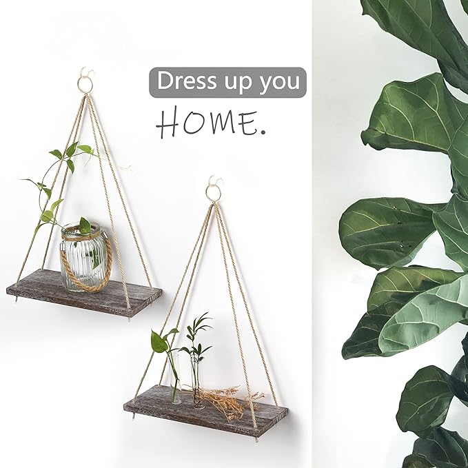 MITIME Hanging Shelves - Indoor Plant Shelf & Wall Hanging - Floating Shelves for Bedroom, Bathroom, Living Room - Macrame Wall Decor, Boho Style, Set of 2 (Medium)