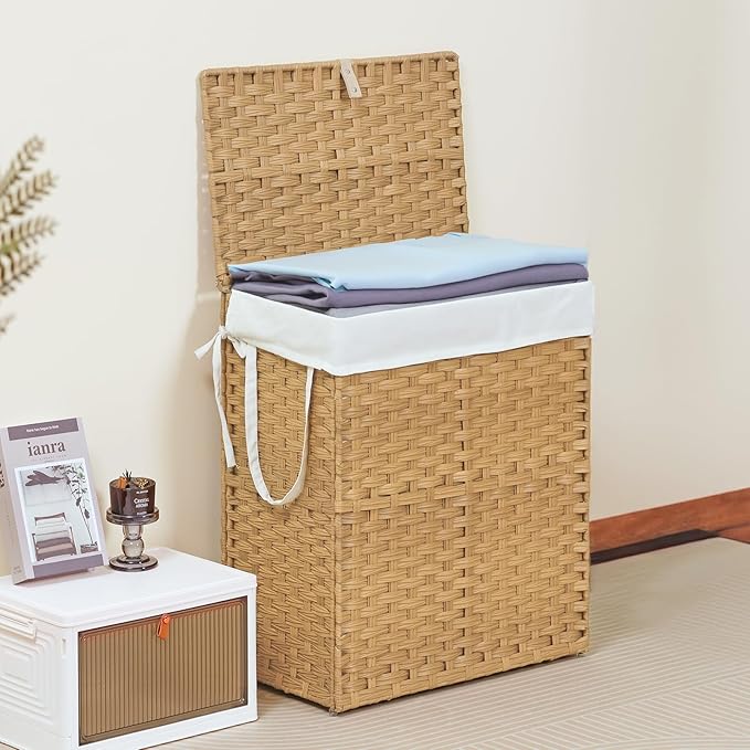 Sweetcrispy Foldable Laundry Hamper–Large Capacity Clothes Basket with Lid, 23.8 Gallon (90L) Bin for Bedroom, Bathroom, and Wash Room–Double Insert Storage Organizer, Goose Yellow