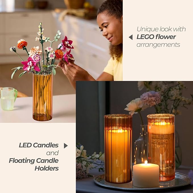 ComSaf Glass Cylinder Vases, Bud Vase for Centerpieces, 8 Inch Tall Ribbed Vase Hurricane Floating Candle Holder, Decorative Flower Vases for Wedding Reception, Home Decor, Housewarming Gift (Amber)