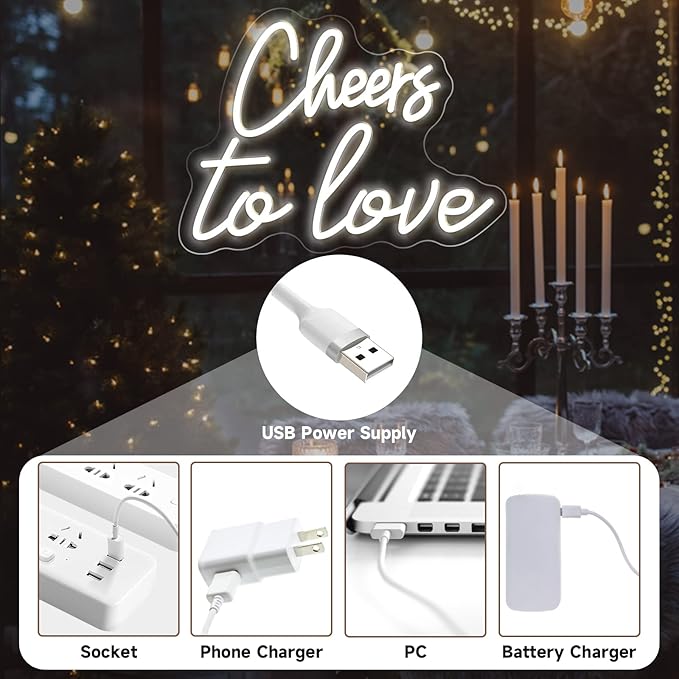 Cheers to Love Neon Sign for Wall Decor, Cheers to Love Led Sign with USB Supply for Bedroom Birthday Wedding Decor,White Led Signs 15.7x11.8 Inch
