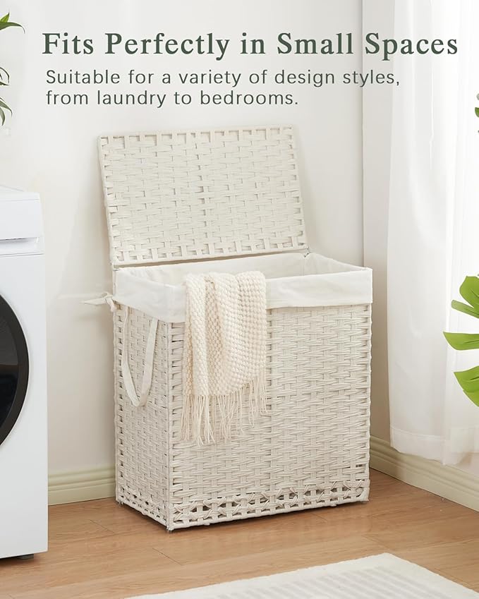 Laundry Hamper with Lid Wicker Laundry Basket 112 L (29.6 Gal) Laundry Hampers Handwoven Rattan Clothes Hamper with Handles 3 Removable Liner Bag, 6 Mesh Bags for Bathroom Bedroom White