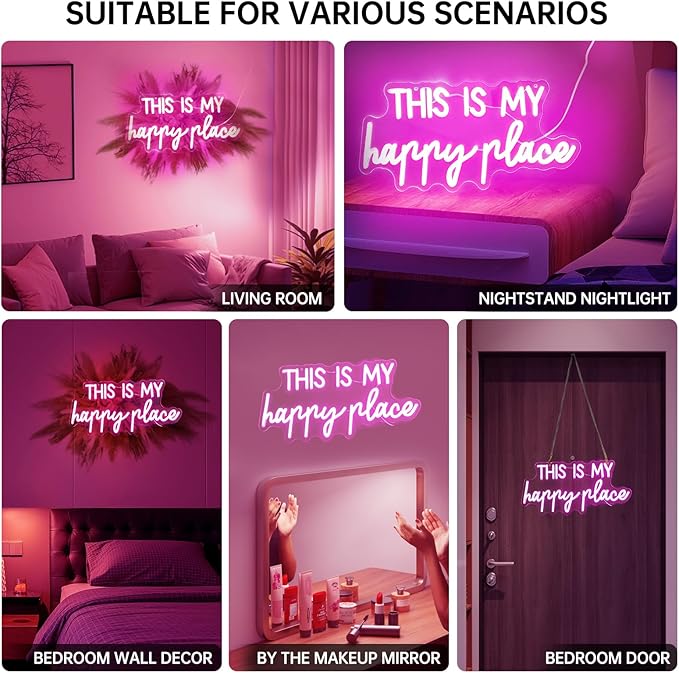 Neon Signs for Wall Decor - This Is My Happy Place Neon Signs for Teen Girls Bedroom Decor, Pink Led Neon Lights for Wall Decor, Nightstand Light, Dimmable Switch USB Power, Adhesive Hook Included