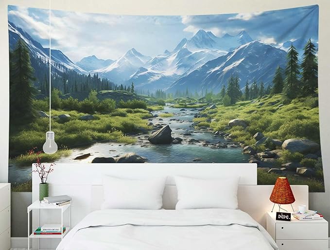 EMMTEEY Landscape Tapestry Hanging Wall Decor Small 60X40 Inch-Forest Mountains Water Scenery Durable Wall Tapestry for Living Room