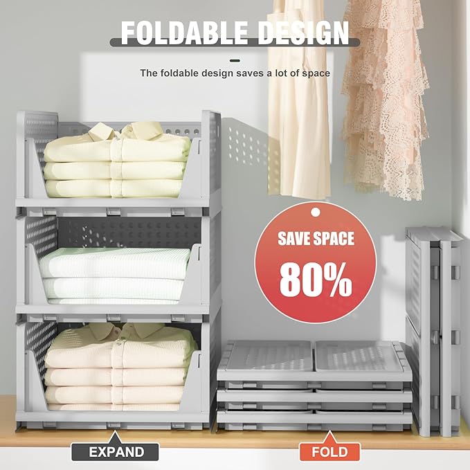 Neprock Clothes Storage - 4 Pack Plastic Drawer Organizers, Stackable Closet System for Towel, T-Shirt, Sweater (4L Gray)