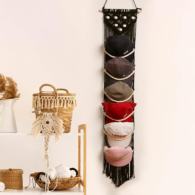 Ball Cap Hanger-1 Pack-Boho Macrame Cap Holder Wall Hat Organizer for Baseball Cap Holder Over Door, Hat Rack for Wall, Cap Rack for Decoration and Display(Black