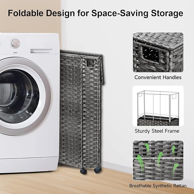88L Slim Laundry Hamper with Wheels, 23.3 Gallon Rolling Laundry Basket with Lid, Tall and Narrow Laundry Hamper with 2 Removable Liner & 3 Mesh Laundry Bags, Laundry Sorter for Bathroom, Grey