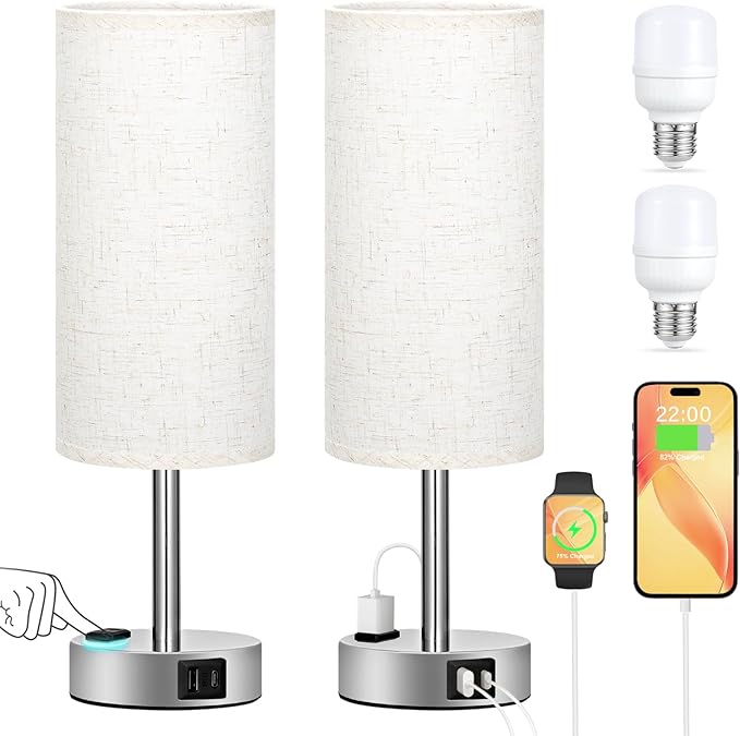Light Beige Touch Nightstand Lamps Set of 2-3 Way Dimmable Bedside Table Lamps for Bedroom with USB C and A Ports, Small Desk Lamps with AC Outlet for Kids Dorm Nursery