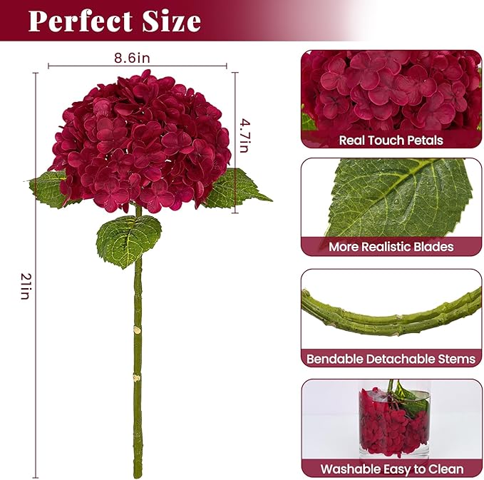 MARTINE MALL 3Pcs 21in Hydrangea Artificial Flowers, Latex Real Touch Hydrangeas Lifelike Large Hydrangea Flowers for Home Decor Party Arrangements Wedding Bouquets Centerpieces (Burgundy)