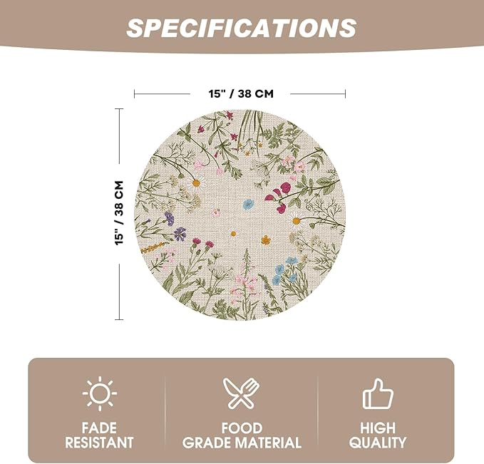 Artoid Mode Wildflower Vinyl Round Placemats Set of 4, 14 Inch Washable Non-Slip Platic PVC Table Mats for Party Kitchen Dining Decor