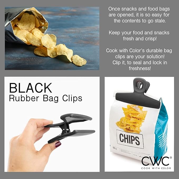 COOK WITH COLOR Wide Heavy Duty Chip Clips - Large Bag Clips for Food Storage with Air Tight Seal Grip, Pack of 8, Black