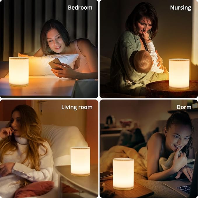 Mini Bamboo Bedside Table Lamp with10 Brightness & 3 Color Temperatures,Cozy PC Shade,Soft Ambient Nightstand Night Light for Bedroom,Kids Room,Bedroom,Dorm,Nursery
