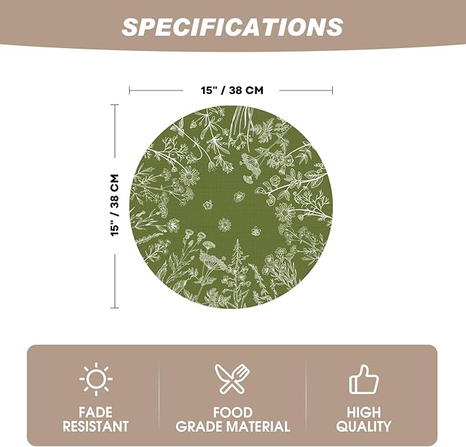 Artoid Mode Dandelion Wild Flower Round Placemats Set of 4, 15 Inch Plastic Woven Washable Non-Slip PVC Table Mats for Party Kitchen Dining Decor