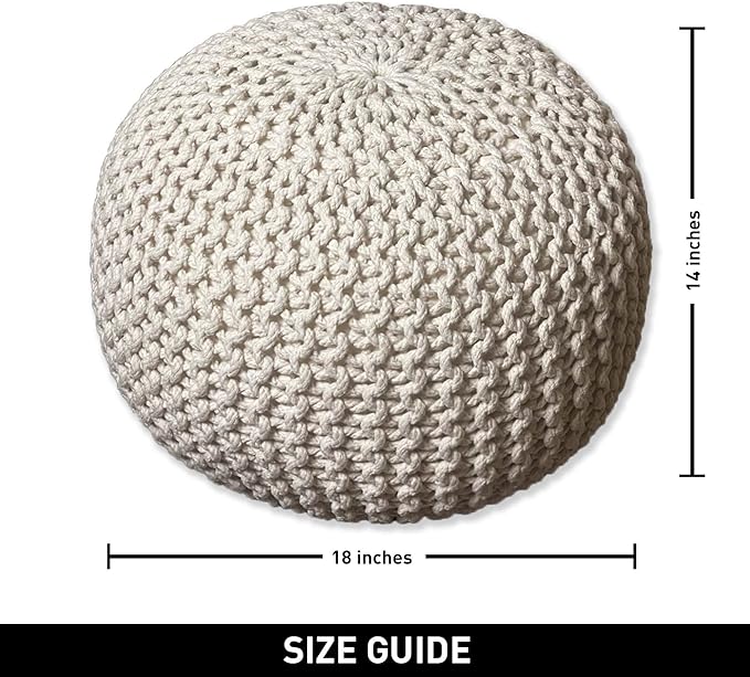 Chardin home- Crochet Ivory Pouf - Cozy & Bohemian, Recycled Cotton, Hand Crafted Casual Seating/Ottoman for Home, Office, Bedroom, 18"x18"x14".