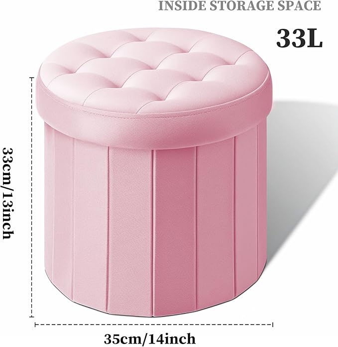 Bsketa® Folding Storage Ottoman Round 14" x 14" x 13"Inch Foot Stool with Thicker Foam Padded Seat Small Velvet Storage Ottoman Bench Foot Rest for Living Room Foldable Coffee Table(Pink)