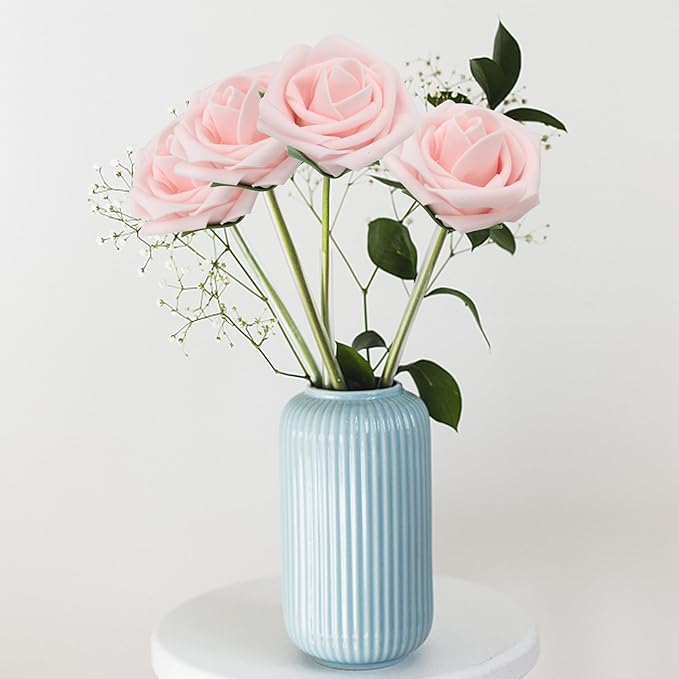 50PCS Artificial Flowers Blush Pink Roses Real Looking Foam Fake Roses with Leaves and for DIY Wedding Bouquets Bridal Shower Centerpieces Party Decorations (Blush Pink)