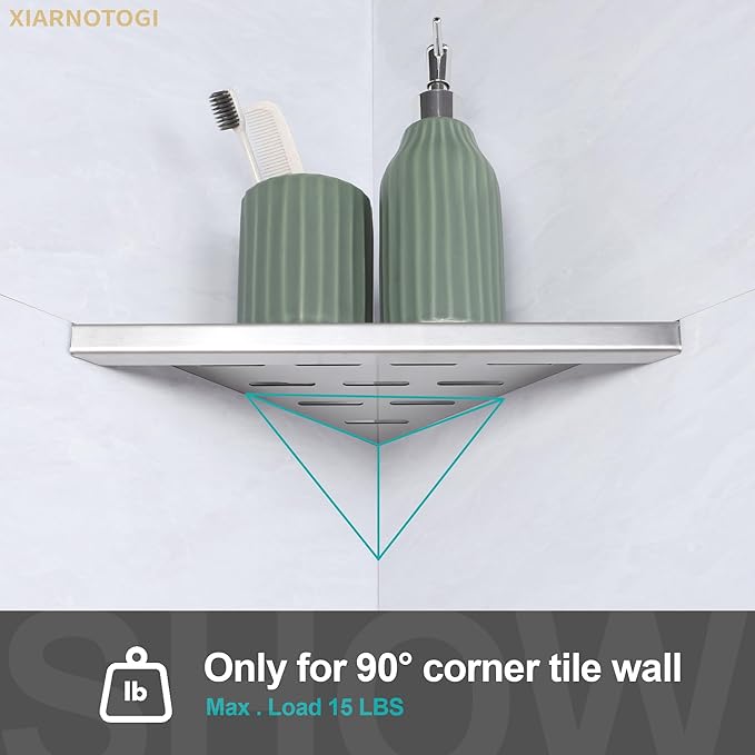 12" Corner Shower Shelf, 2-Pack Bathroom Shelves for Tile Walls, SUS304 Stainless Steel Recessed Shower Shelf, Grout in Corner Organizer Shelves, Brushed Silver, Large Size