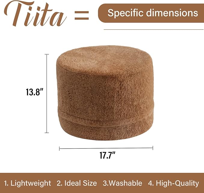 Tiita Pouf Ottoman and Foot Rest, Round Foam Stuffed Floor Pouf with Storag for Living Room, Brown