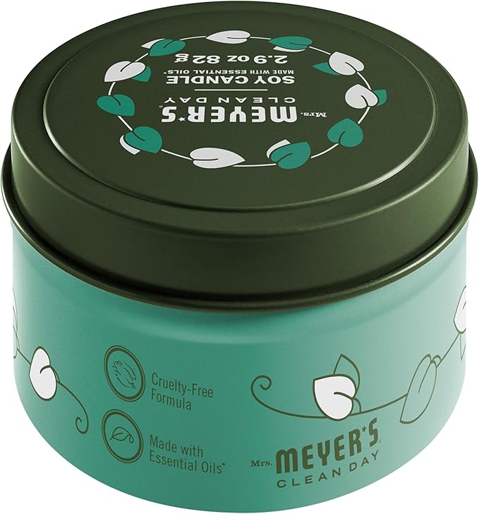 MRS. MEYER'S CLEAN DAY Soy Tin Candle, 12 Hour Burn Time, Made with Soy Wax and Essential Oils, Basil, 2.9 oz