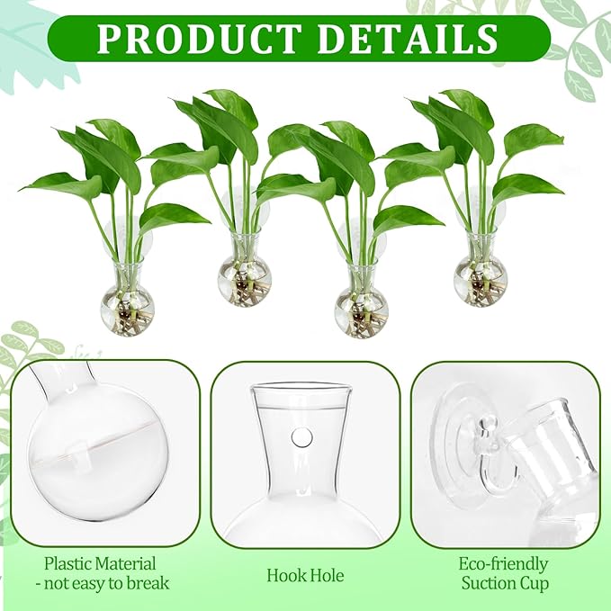 4 pcs Window Propagation Stations, Suction Cup Plastic Plant Propagation Bulbs, Easy to Install Wall Hanging Planter, No Nails Plastic Plant Terrarium Vase