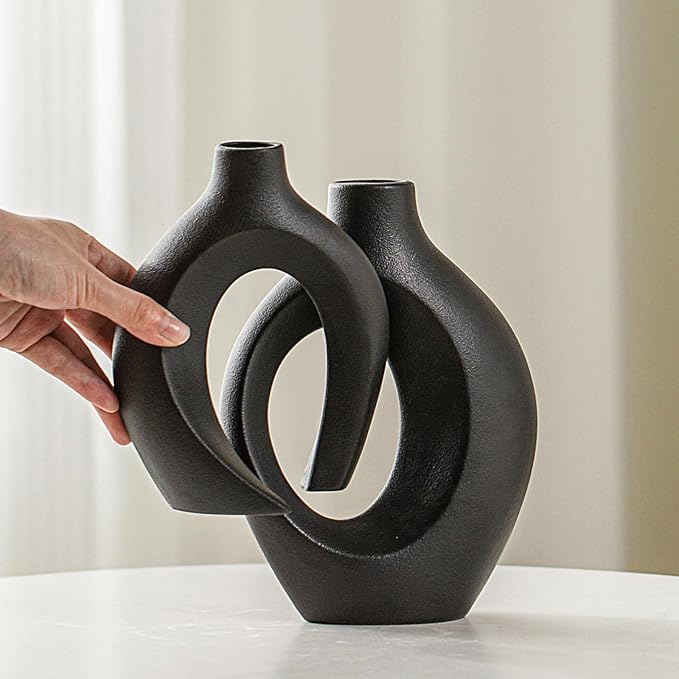 Black Hollow Ceramic Vase Set of 2, Snuggle Round Boho Donut Modern Vase Nordic Minimalist Decorative Vase for Modern Trendy Home Table Centerpiece Decor (W 6.3" X H 8")
