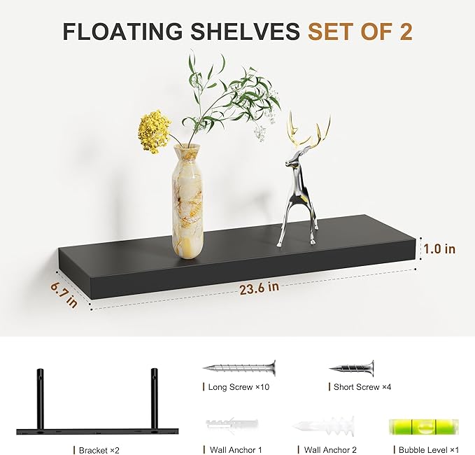 Bellsal Floating Shelves for Wall, Black Engineered Wood Wall Shelf Set of 2, 24" Wall Mounted Floating Shelf for Kitchen, Living Room, Bedroom, Bathroom Storage, Book Shelf for Home Decor