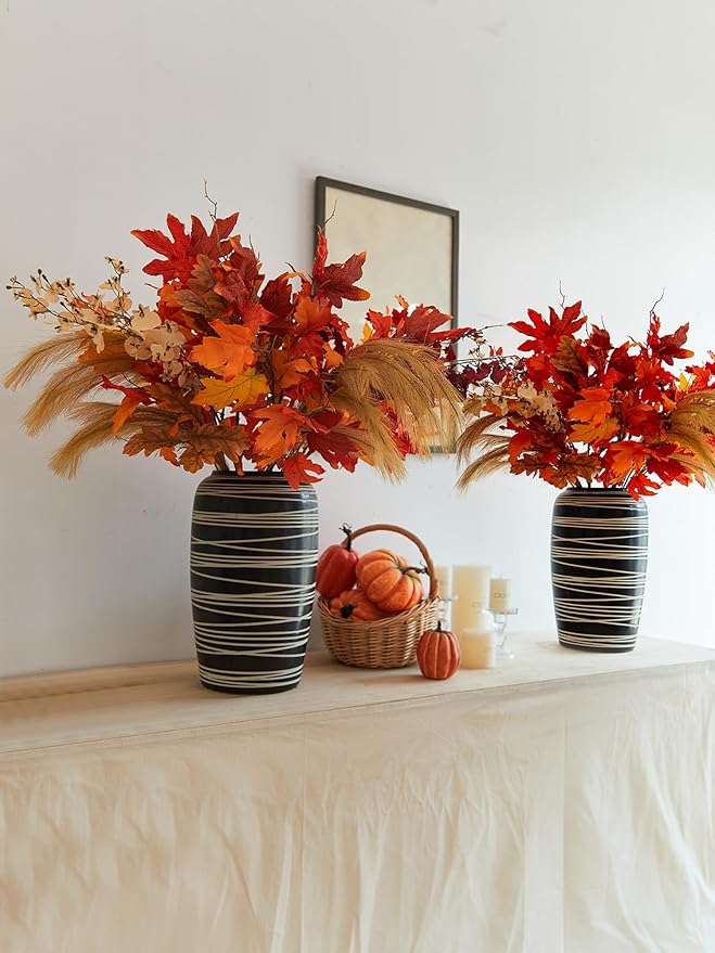 MISSPIN Thanksgiving Decorations - 9Pcs Fall Decor Artificial Flowers Orchid Maple Leaves Stems Set Fall Stems Faux Reed Maple Leaves for Wedding Bouquet Table Centerpieces Autumn
