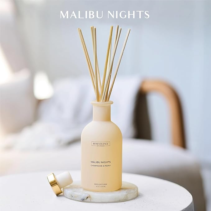 Benevolence LA Reed Diffuser - Champagne & Peony | Luxurious Home & Bathroom Decor | Long-Lasting Scent Diffusers for Home - Malibu Sands Collection